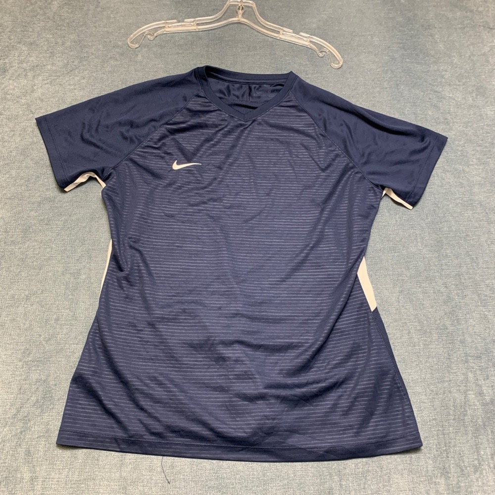 Nike Dri Fit Soccer Jersey Mens XL Blue Pinstripe Athletic Fit Logo Short Sleeve